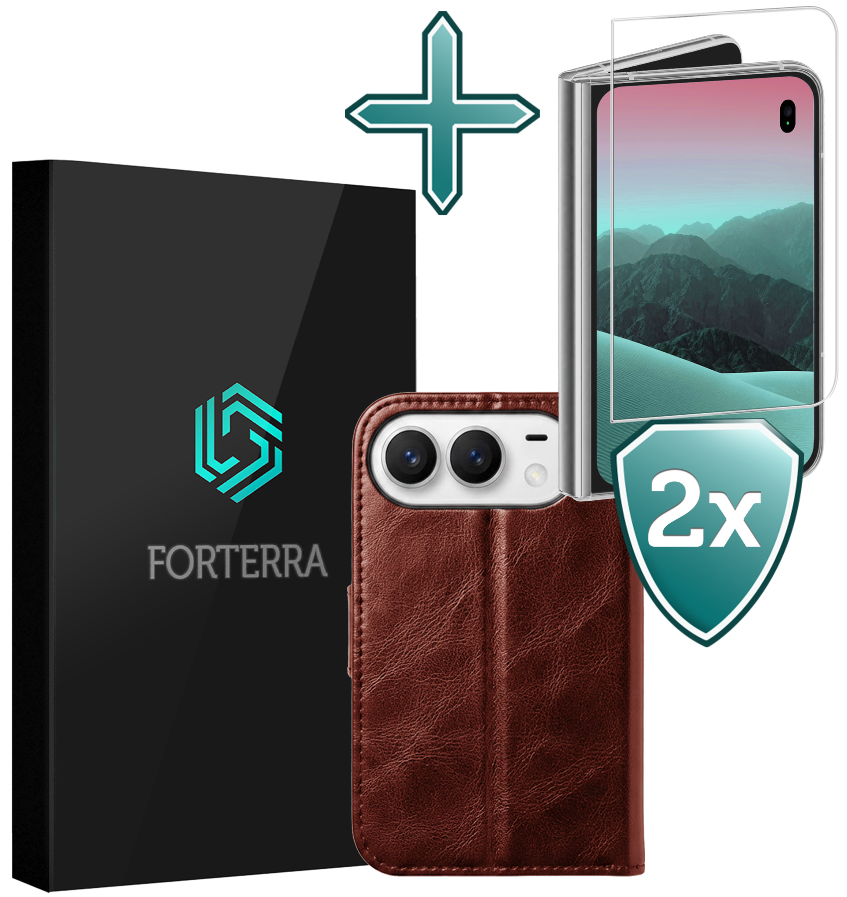 Forterra Forterra iPhone Duo Hoesje Bookcase Met 2x Screenprotector - Bruin