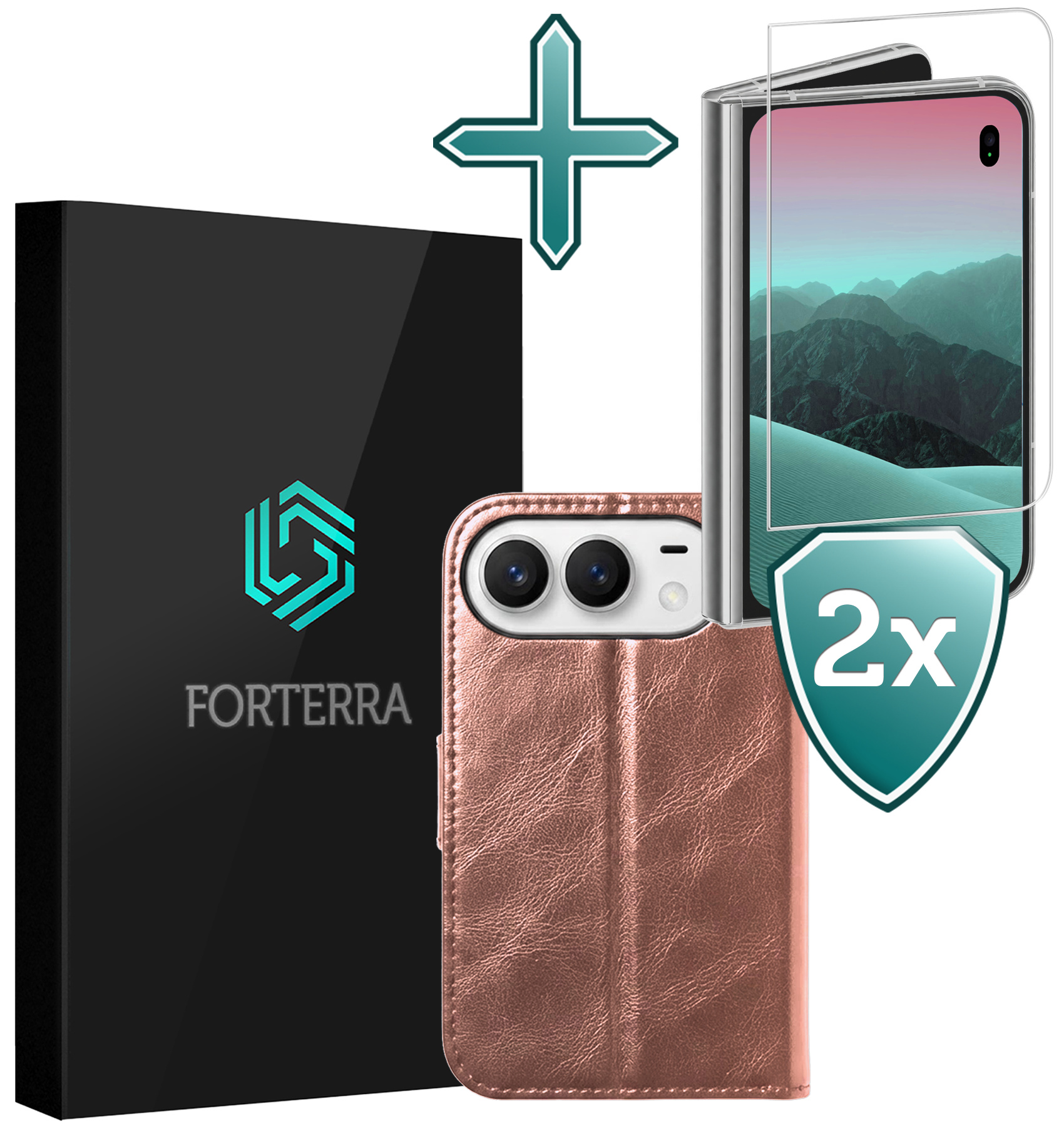 Forterra Forterra iPhone Duo Hoesje Bookcase Met 2x Screenprotector - Rose Goud
