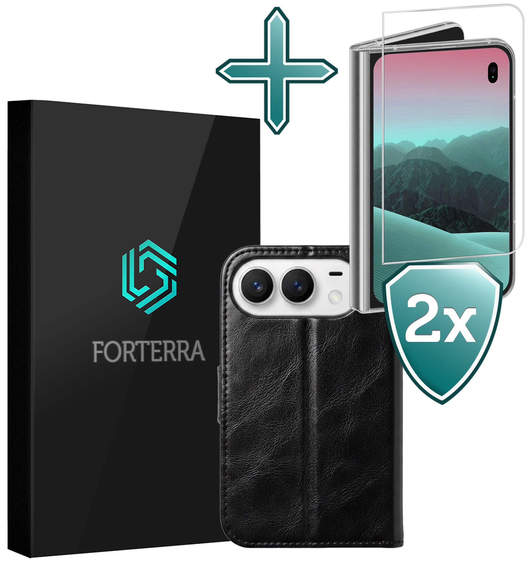 Forterra Forterra iPhone Duo Hoesje Bookcase Met 2x Screenprotector - Zwart