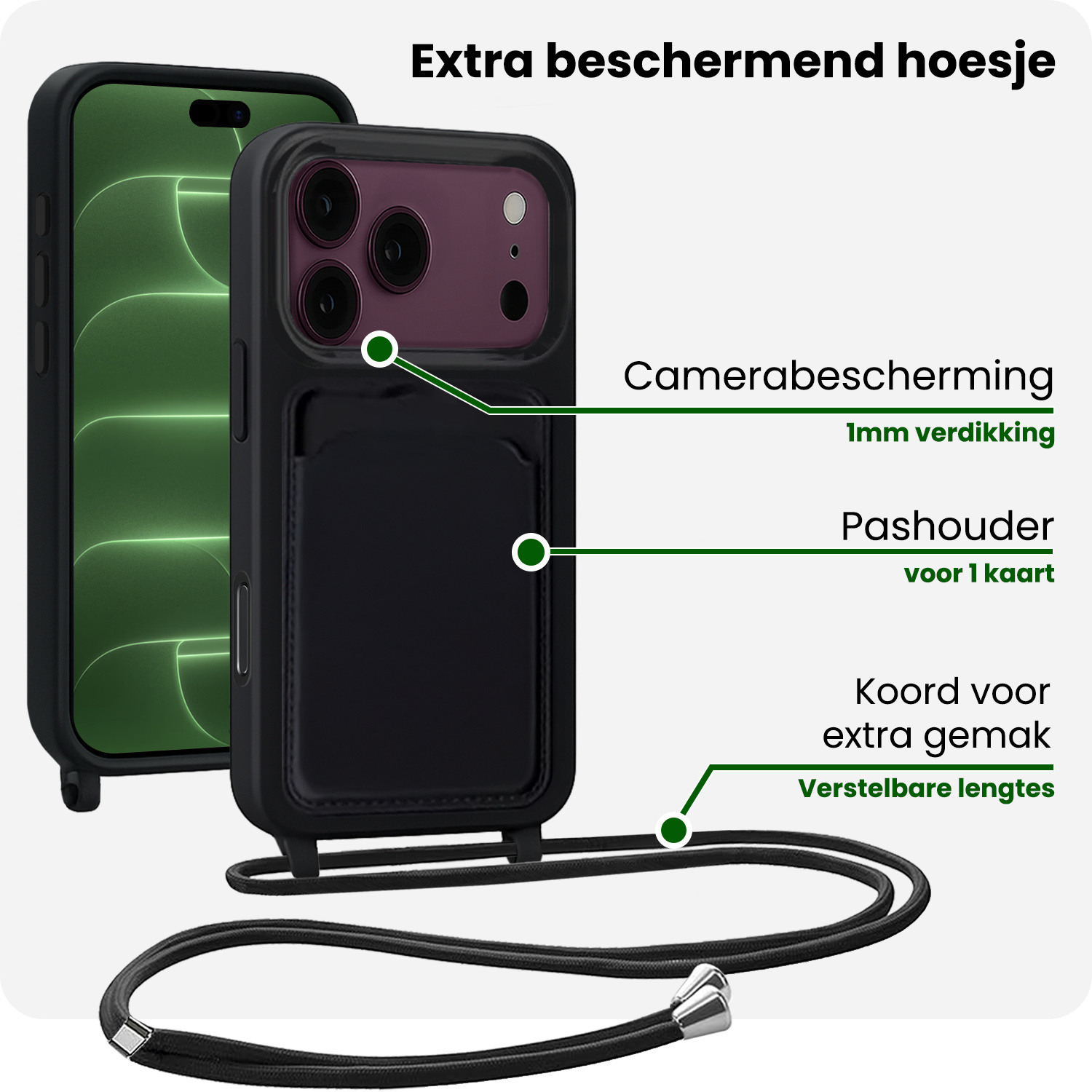 BASEY. BASEY. iPhone 18 Pro Max Hoesje Pashouder met Koord - Zwart - 2 PACK
