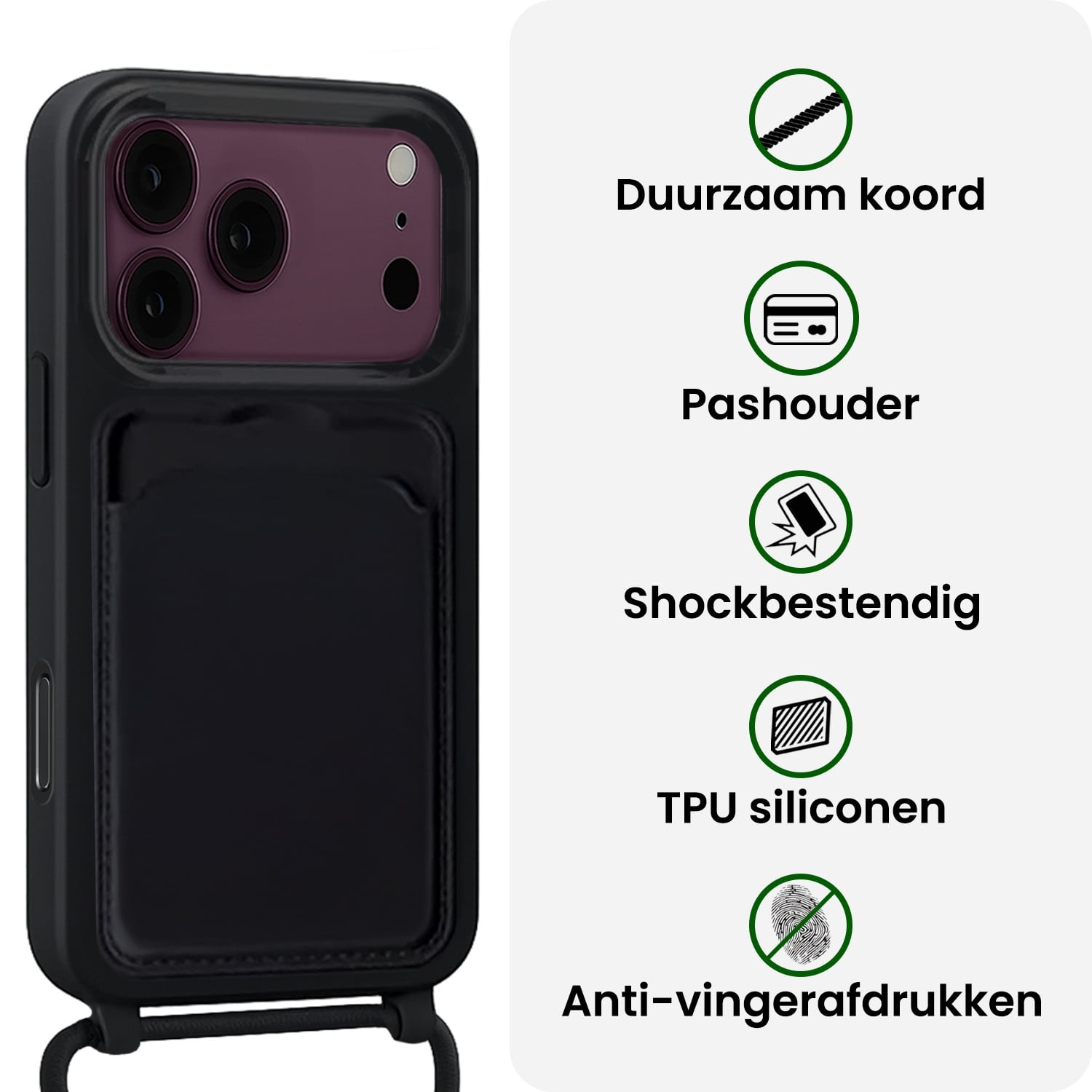 BASEY. BASEY. iPhone 18 Pro Max Hoesje Pashouder met Koord Met Screenprotector - Zwart