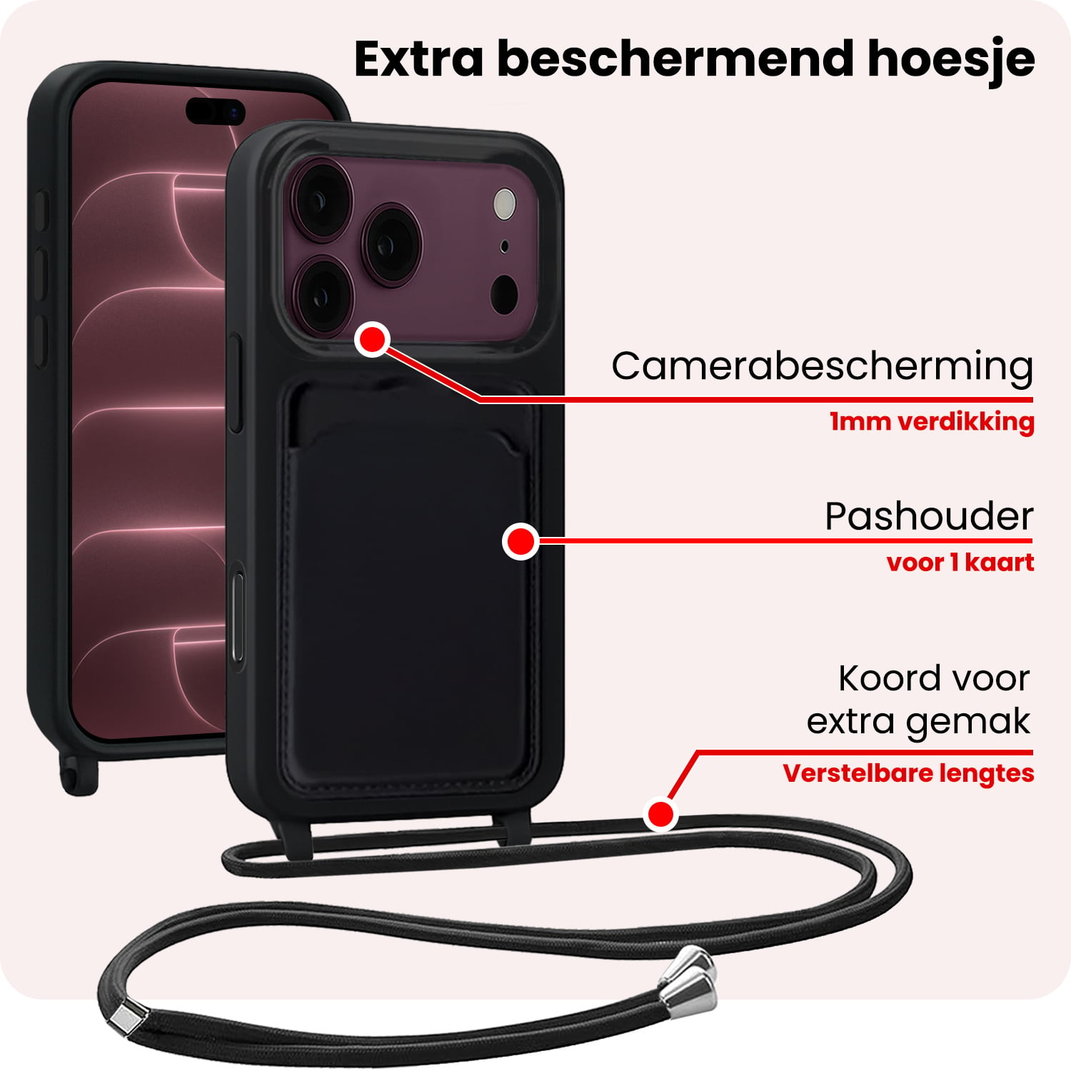 NoXx NoXx iPhone 18 Pro Max Hoesje Pashouder met Koord Met Screenprotector - Zwart