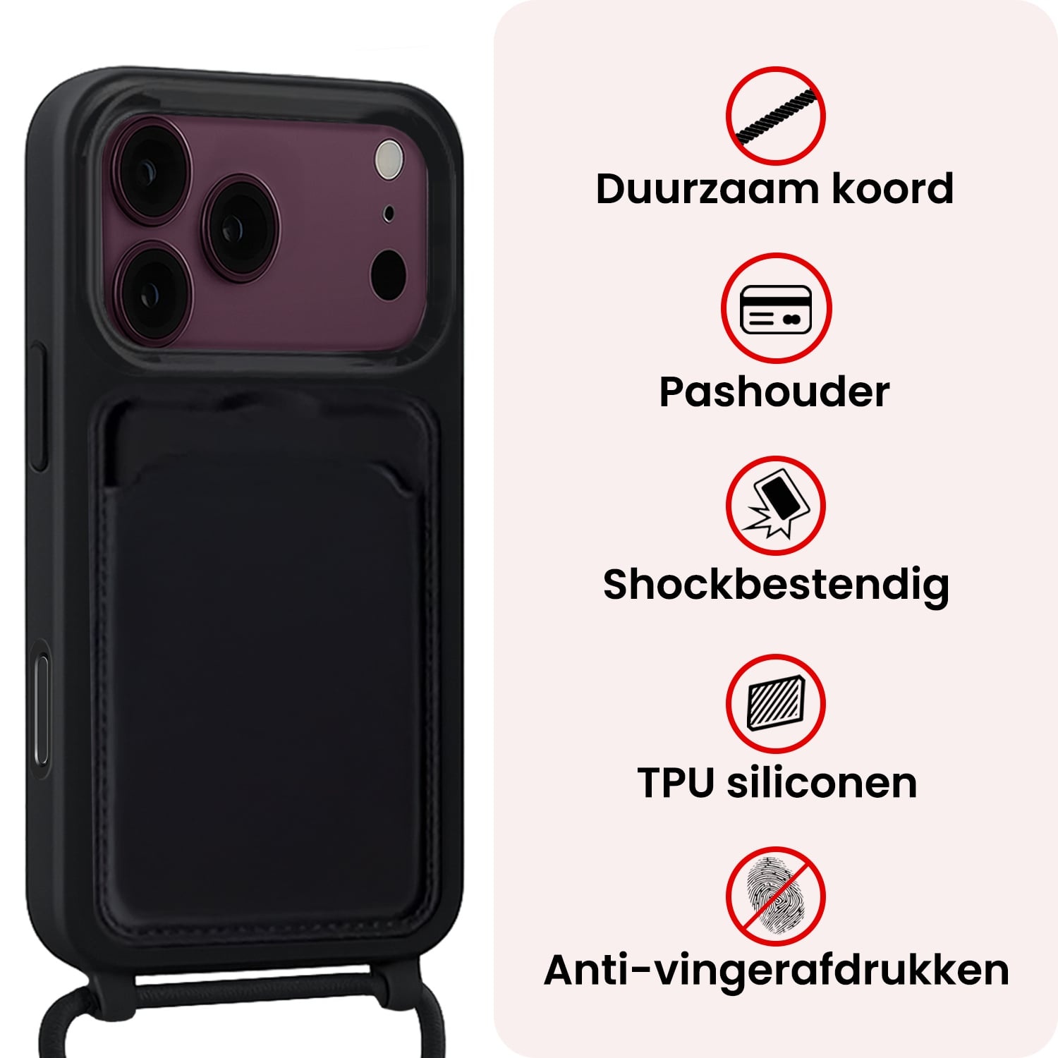 NoXx NoXx iPhone 18 Pro Max Hoesje Pashouder met Koord Met 2x Screenprotector - Zwart