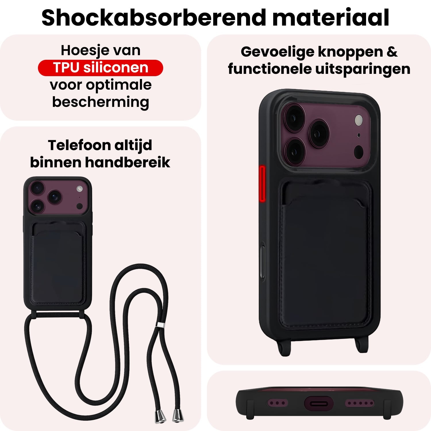NoXx NoXx iPhone 18 Pro Max Hoesje Pashouder met Koord Met 2x Screenprotector - Zwart