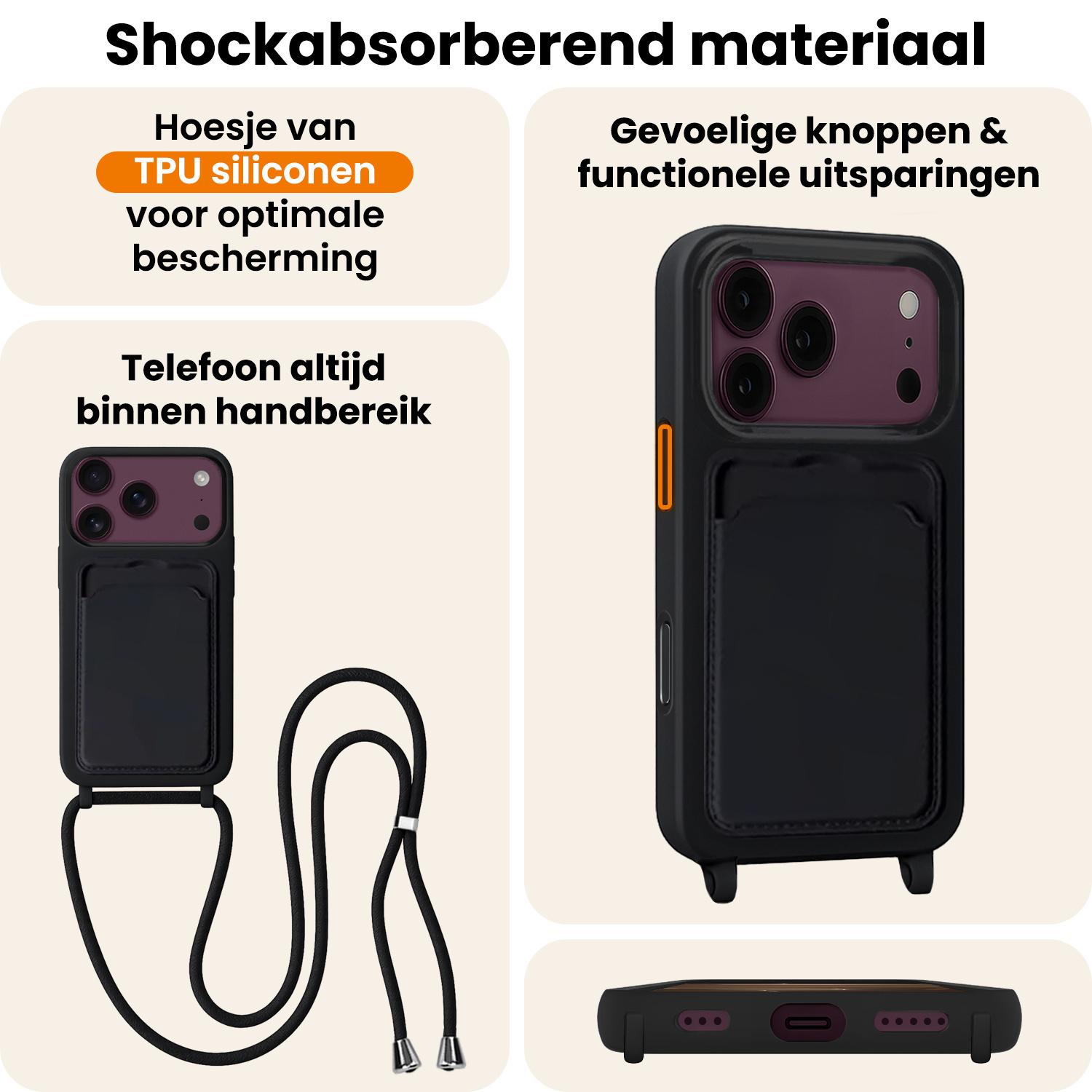 Nomfy Nomfy iPhone 18 Pro Max Hoesje Pashouder met Koord - Zwart - 2 PACK