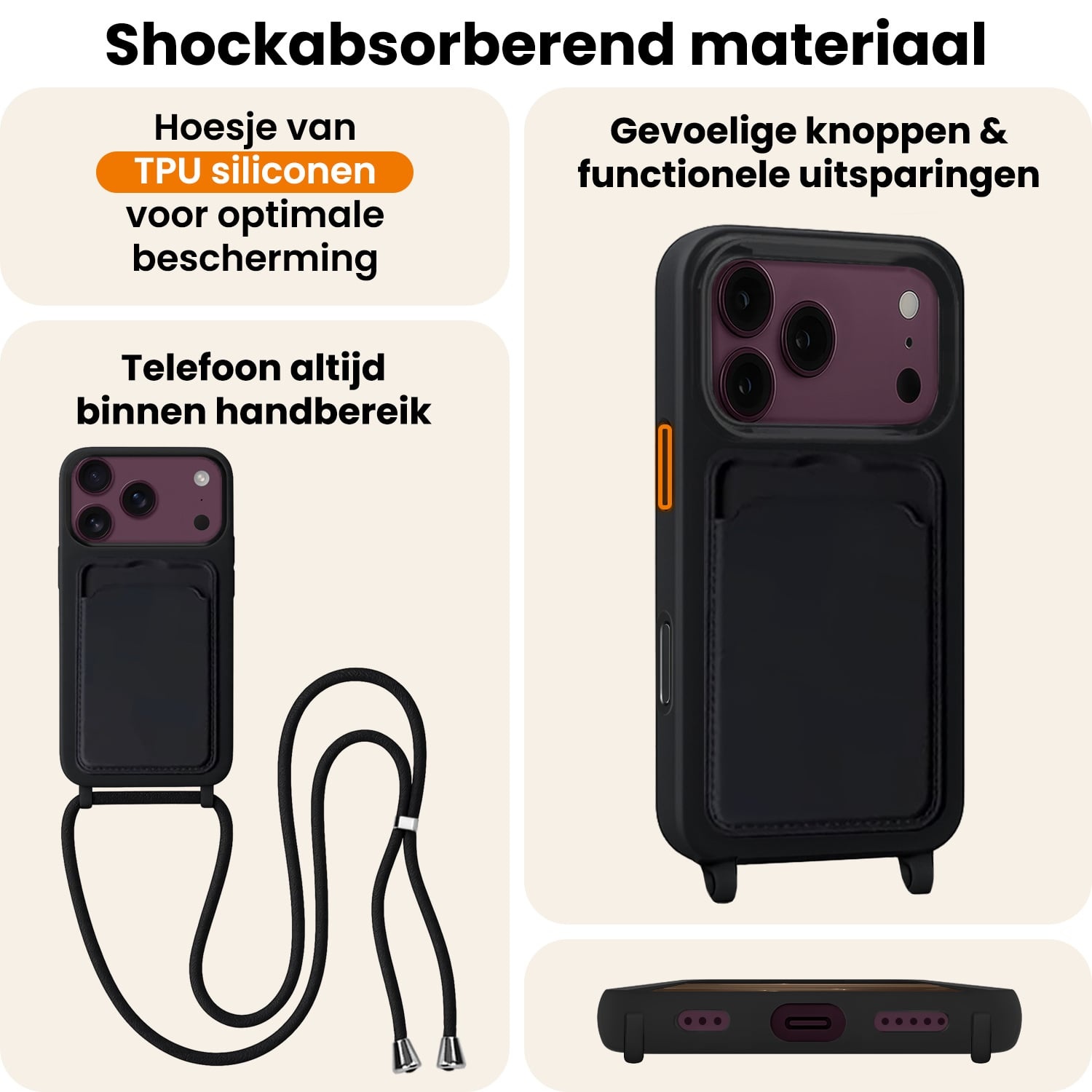 Nomfy Nomfy iPhone 18 Pro Max Hoesje Pashouder met Koord Met Screenprotector - Zwart
