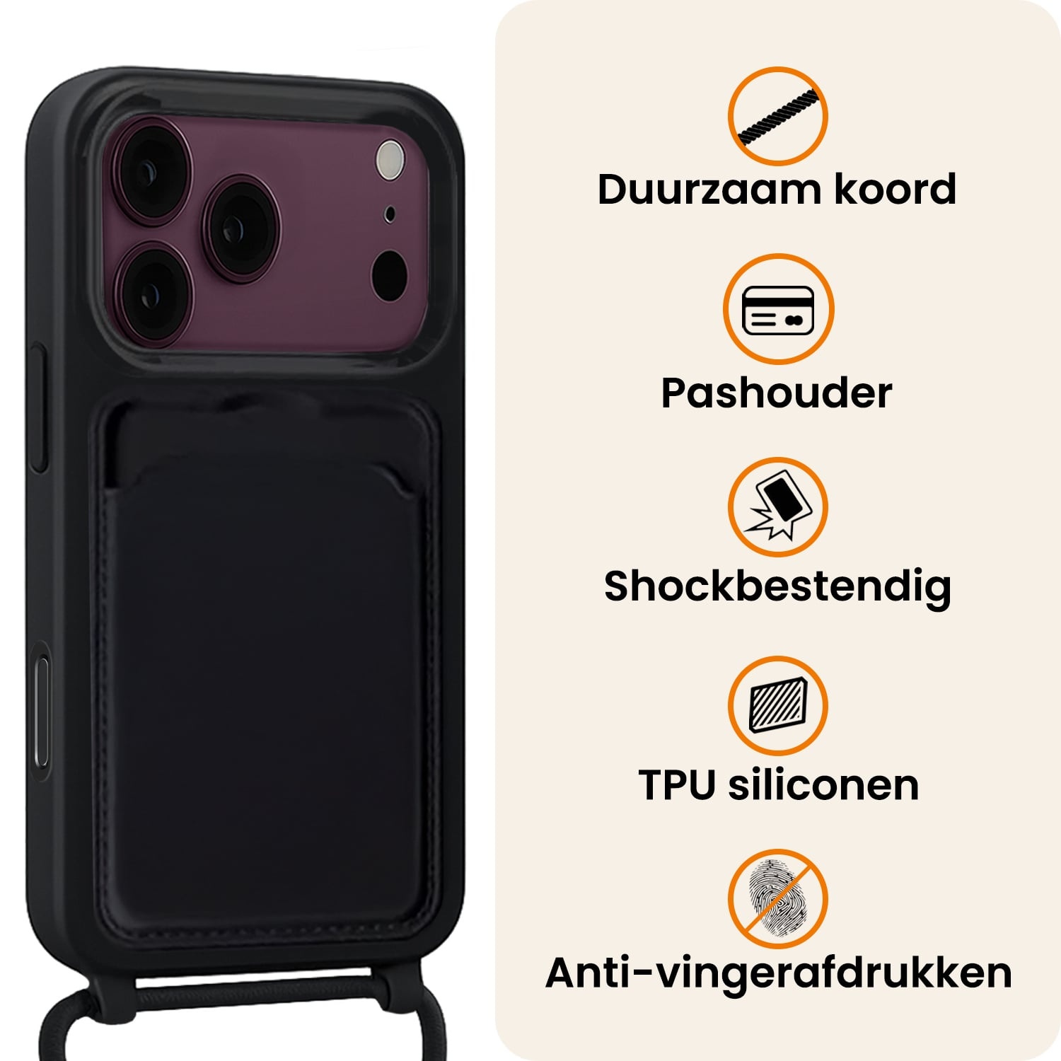 Nomfy Nomfy iPhone 18 Pro Max Hoesje Pashouder met Koord Met 2x Screenprotector - Zwart