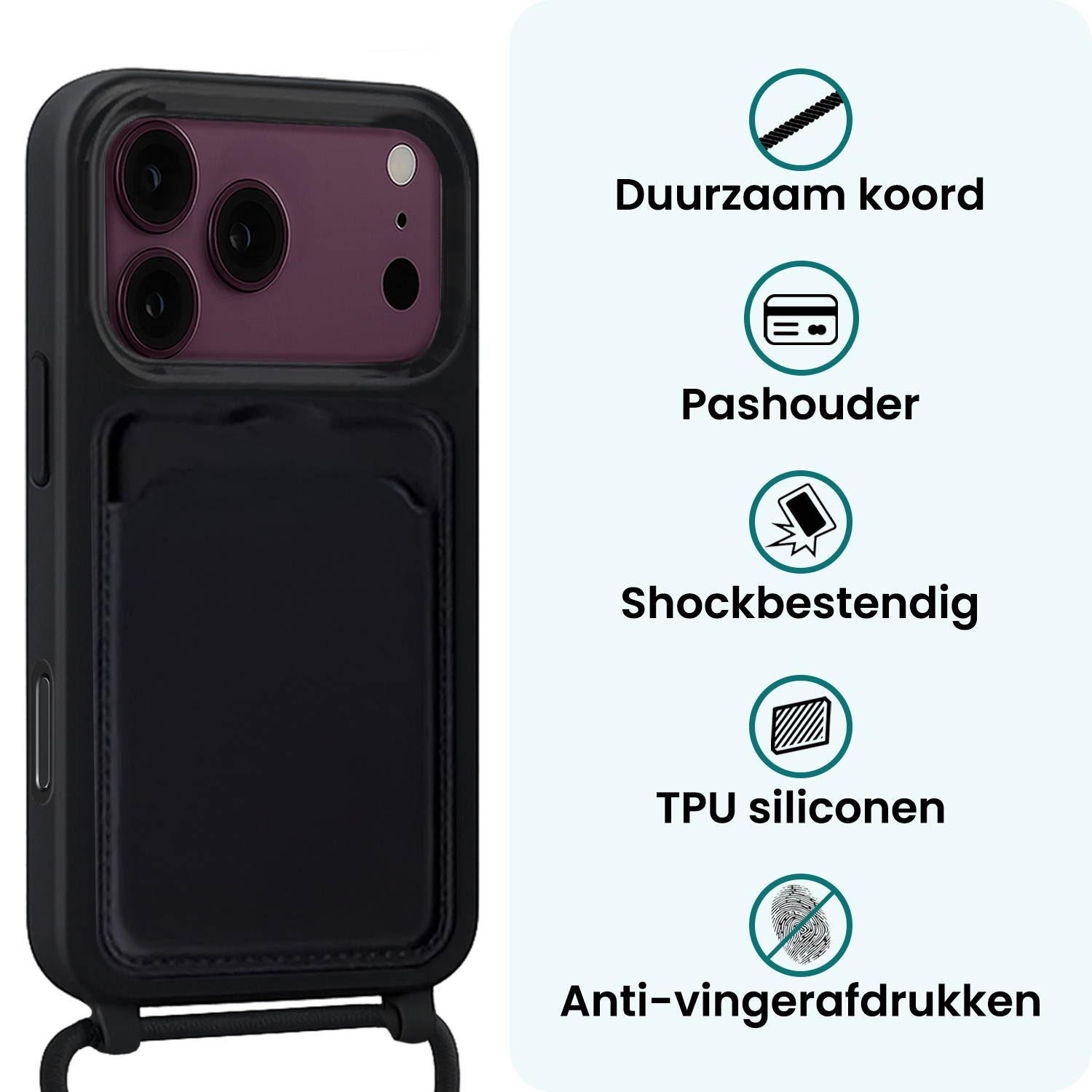Forterra Forterra iPhone 18 Pro Max Hoesje Pashouder met Koord - Zwart - 2 PACK