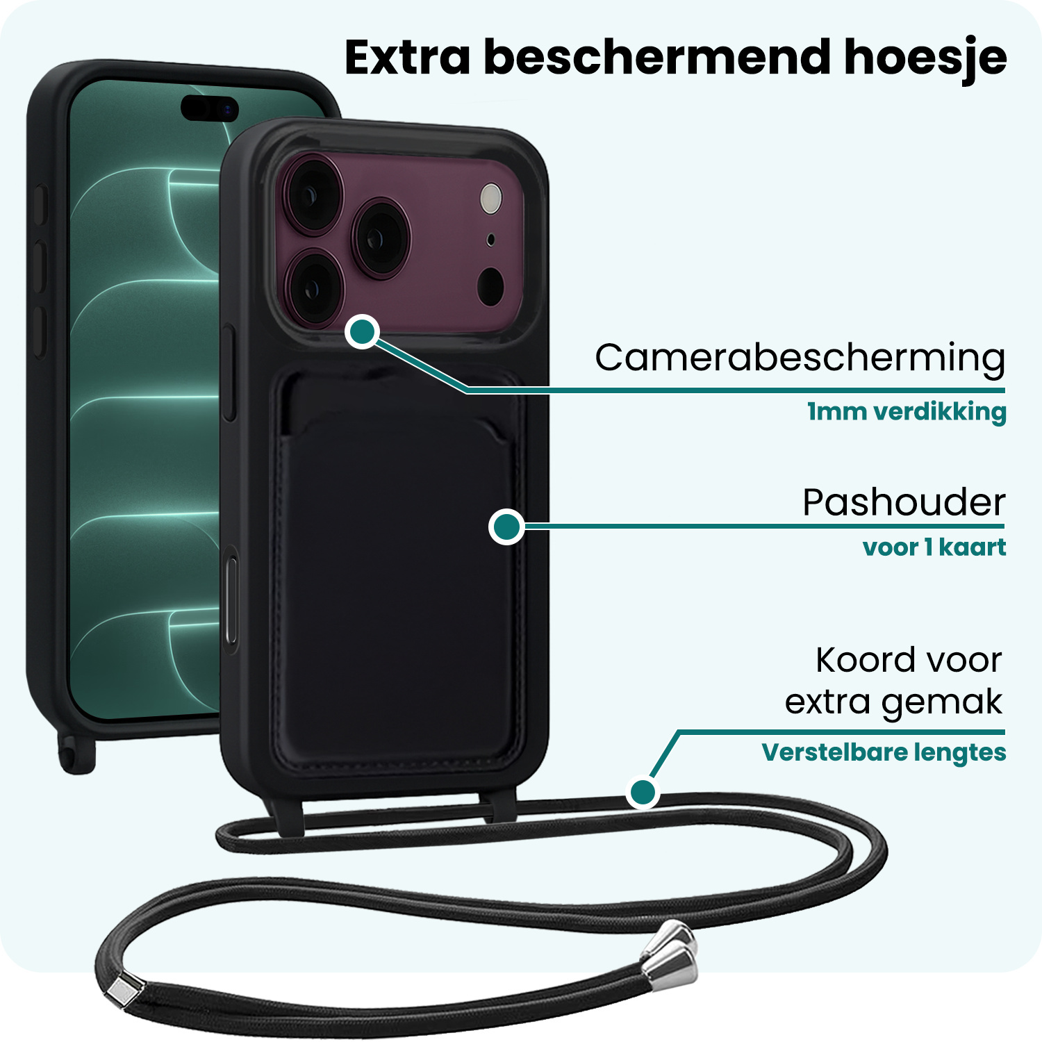 Forterra Forterra iPhone 18 Pro Max Hoesje Pashouder met Koord - Zwart - 2 PACK