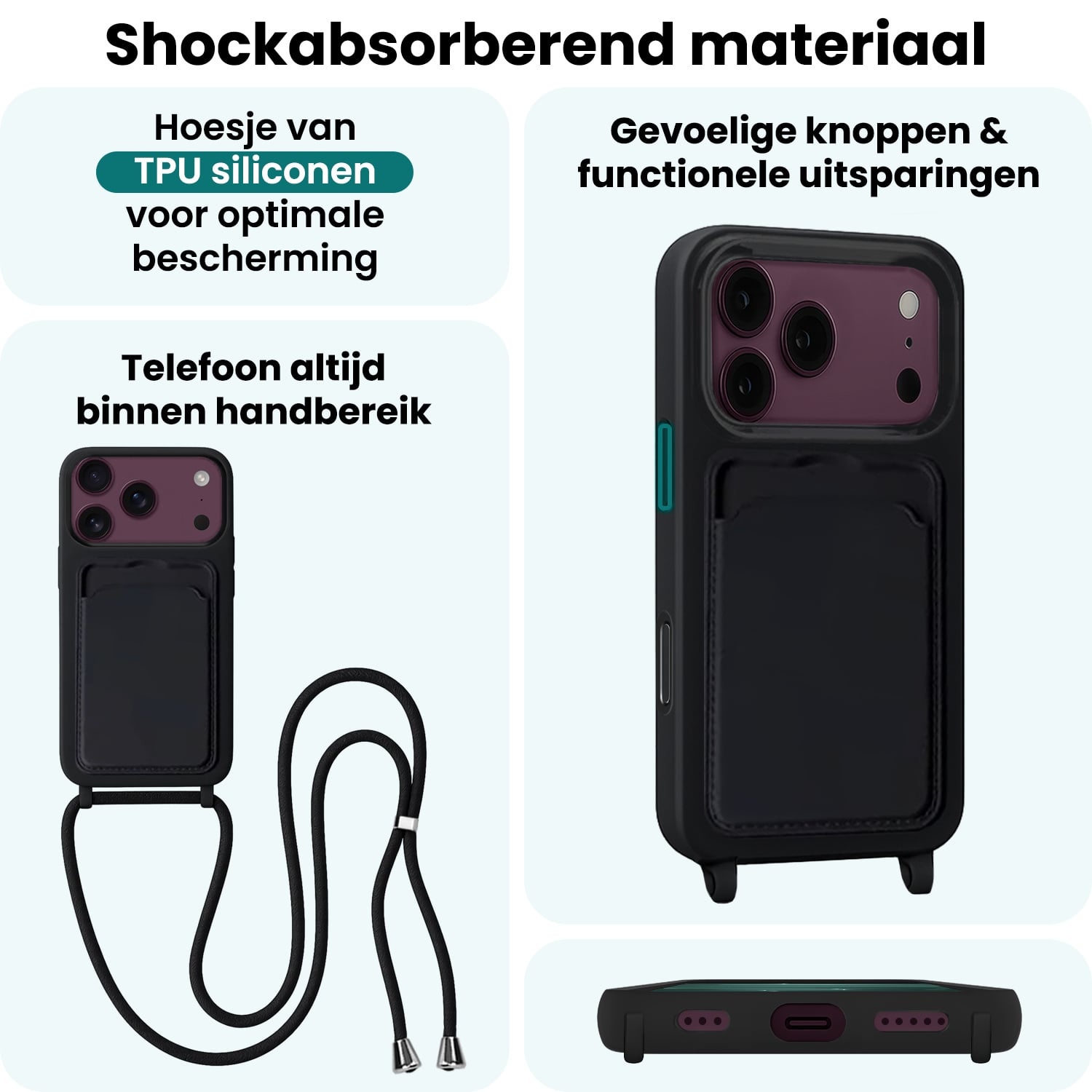 Forterra Forterra iPhone 18 Pro Max Hoesje Pashouder met Koord Met Screenprotector - Zwart