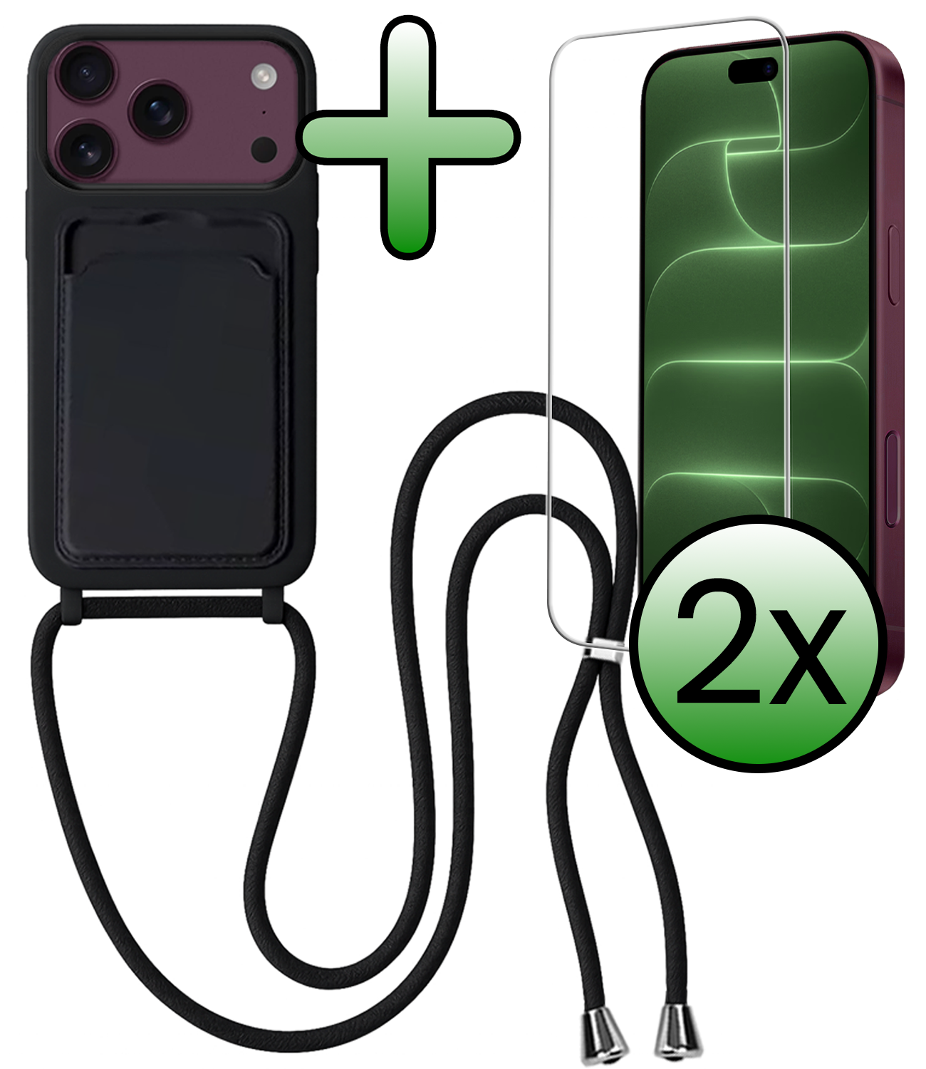 BASEY. BASEY. iPhone 18 Pro Max Hoesje Pashouder met Koord Met 2x Screenprotector - Zwart
