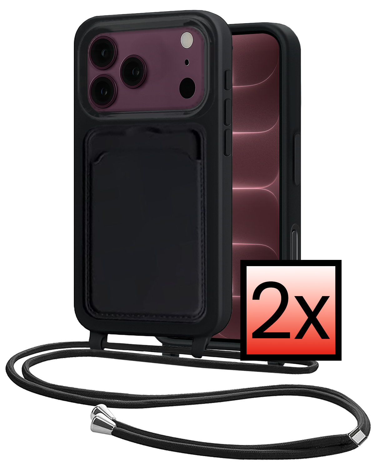 NoXx NoXx iPhone 18 Pro Max Hoesje Pashouder met Koord - Zwart - 2 PACK