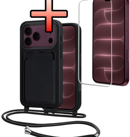 NoXx NoXx iPhone 18 Pro Max Hoesje Pashouder met Koord Met Screenprotector - Zwart