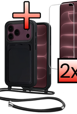 NoXx NoXx iPhone 18 Pro Max Hoesje Pashouder met Koord Met 2x Screenprotector - Zwart