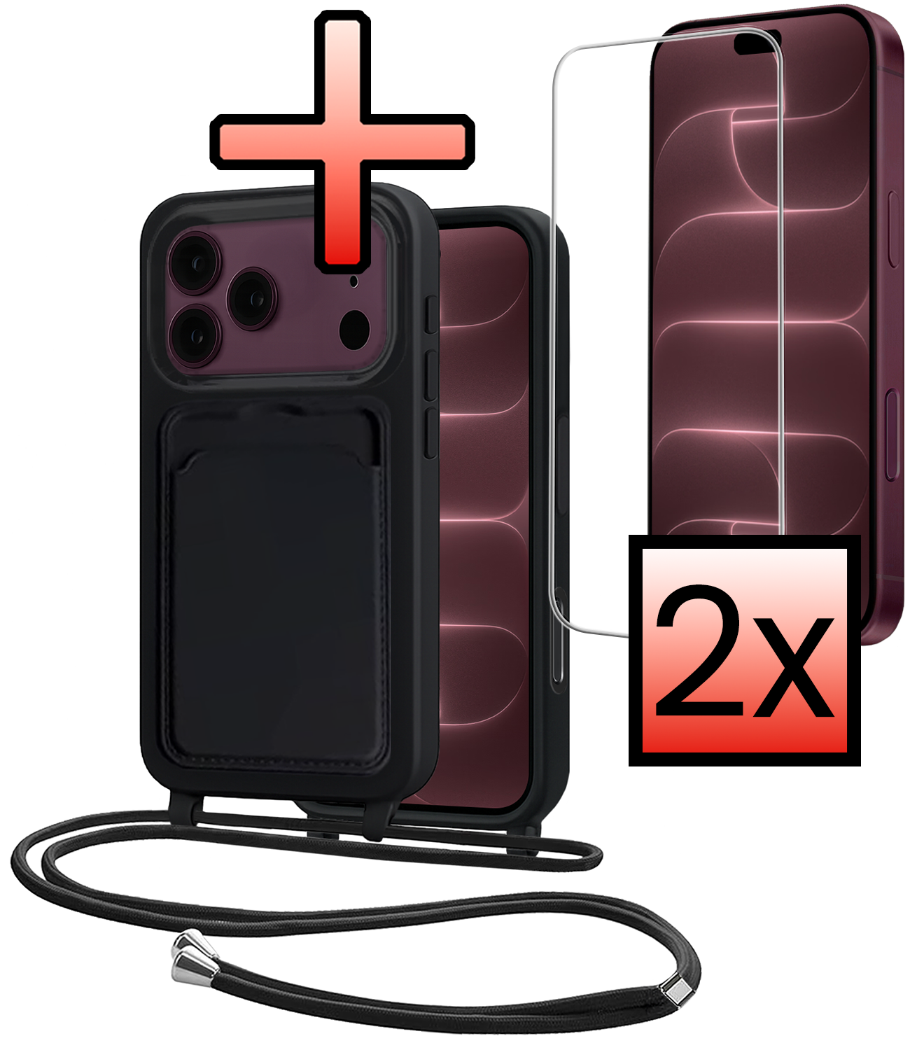 NoXx NoXx iPhone 18 Pro Max Hoesje Pashouder met Koord Met 2x Screenprotector - Zwart