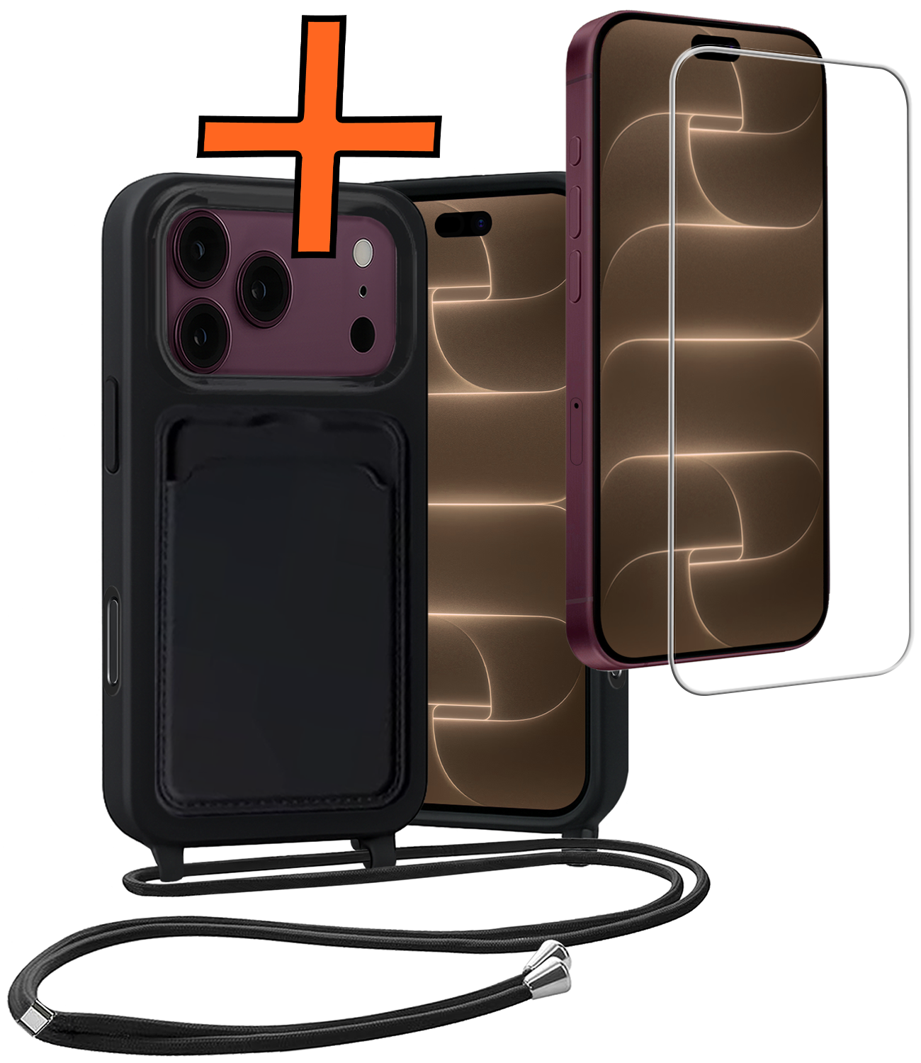 Nomfy Nomfy iPhone 18 Pro Max Hoesje Pashouder met Koord Met Screenprotector - Zwart