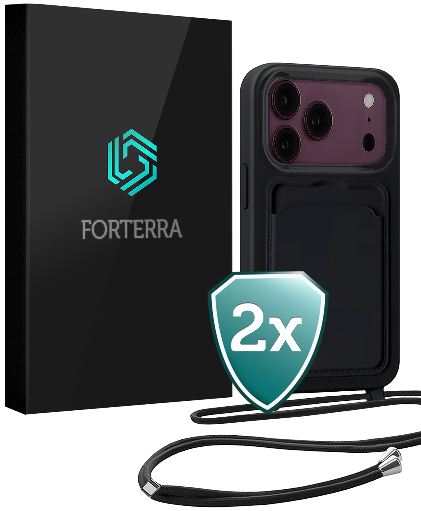 Forterra Forterra iPhone 18 Pro Max Hoesje Pashouder met Koord - Zwart - 2 PACK