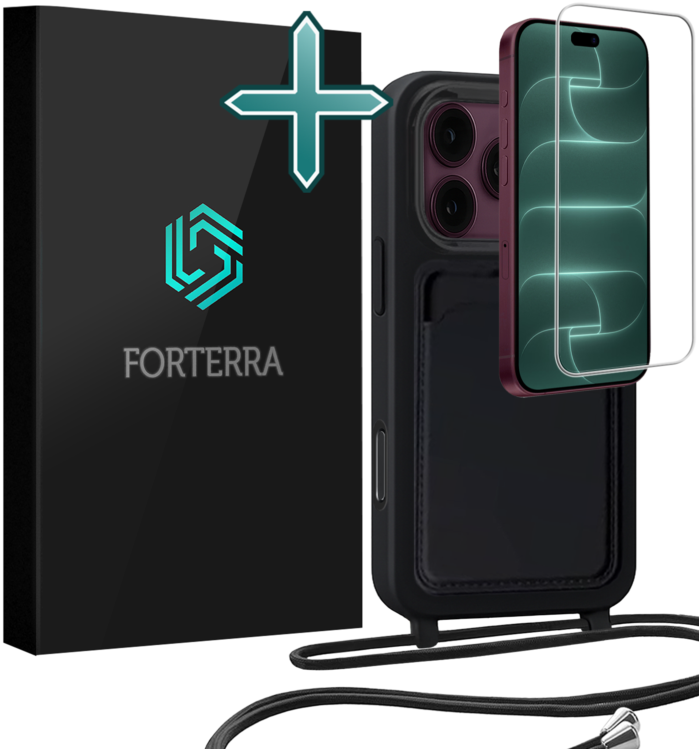 Forterra Forterra iPhone 18 Pro Max Hoesje Pashouder met Koord Met Screenprotector - Zwart