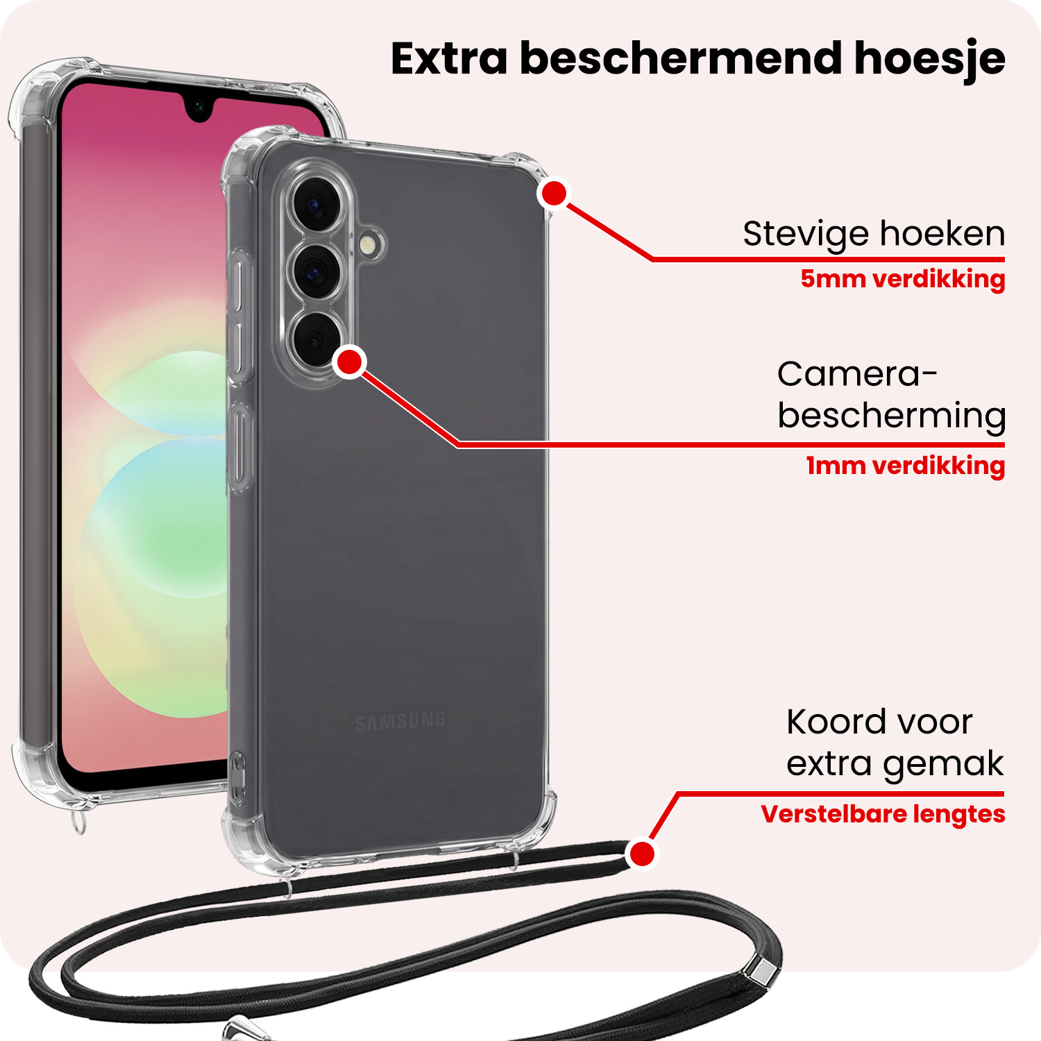 NoXx NoXx Samsung Galaxy A18 Hoesje Transparant Shockproof Met Zwart Koord
