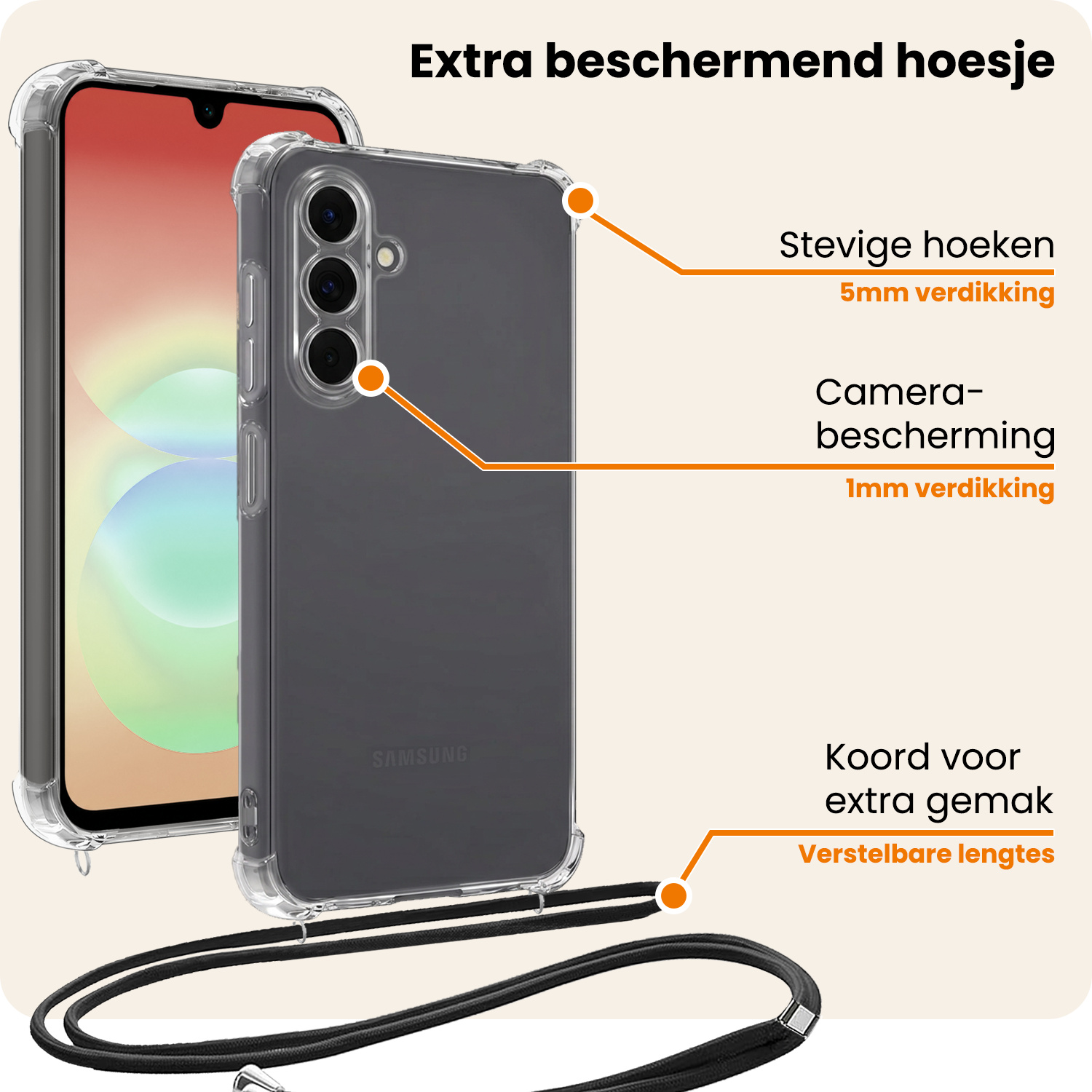 Nomfy Nomfy Samsung Galaxy A18 Hoesje Transparant Shockproof Met Zwart Koord