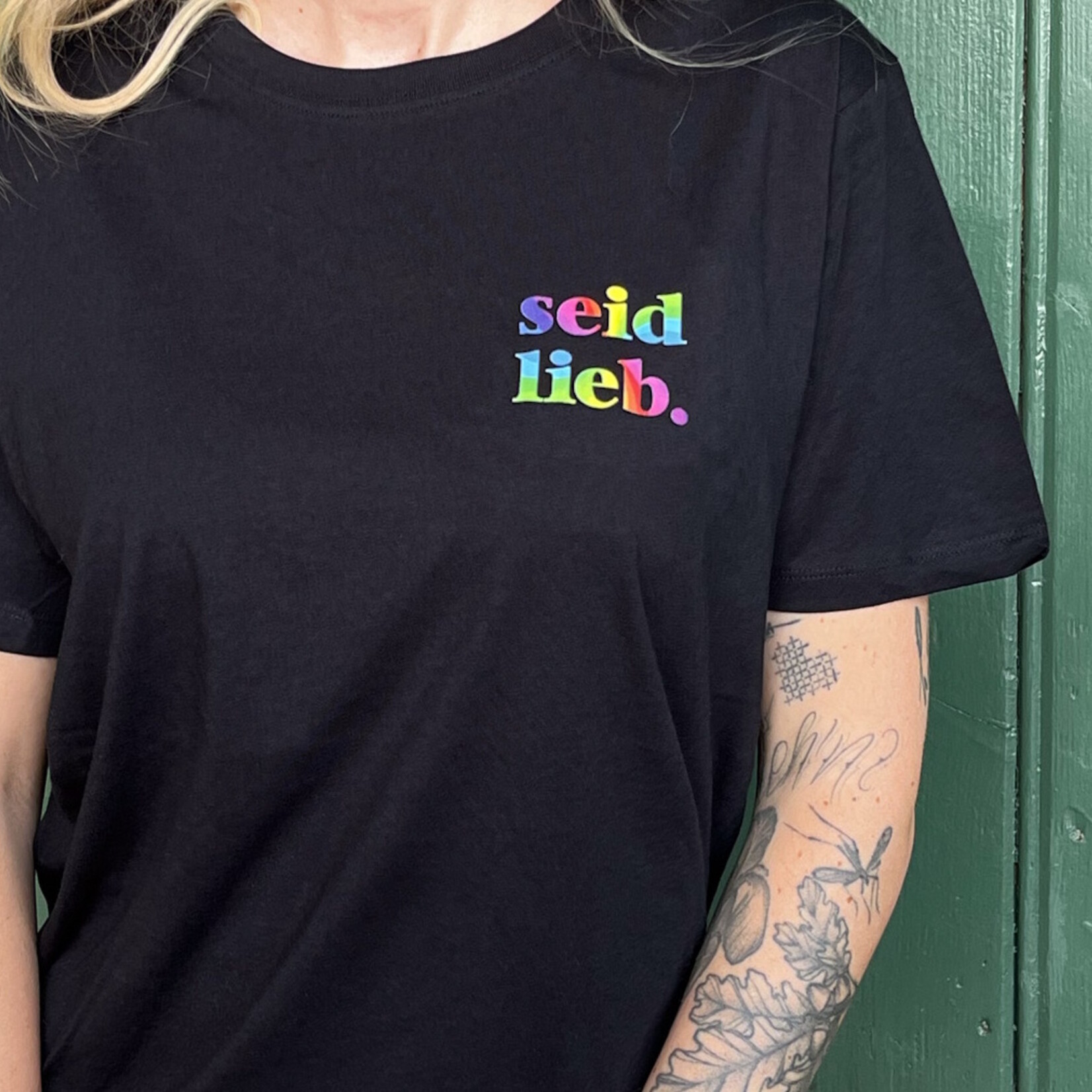 seid lieb.  cooperationshirt - straight cut with white on black lettering on the front