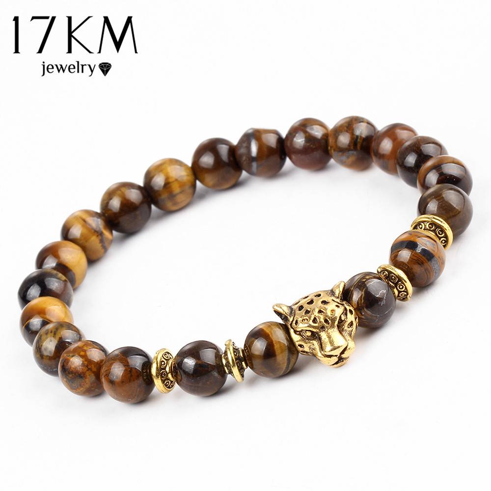 Myxl 17 Km Pulseras Mujer Goud Kleur Luipaard Hoofd Kraal Boeddha Armband Natuursteen Lava Matte Tijgeroog Mannen En Vrouwen Armbanden myxl kopen in de aanbieding