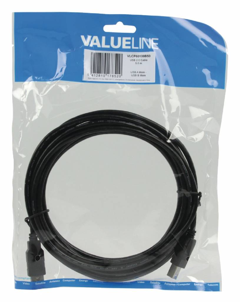 Valueline USB 2.0 kabel A male - B male rond 5.00 meter zwart