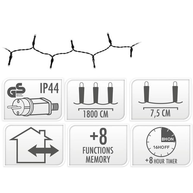 Kerstverlichting 240 led- 18m - wit - Timer - Lichtfuncties - Geheugen - Buiten