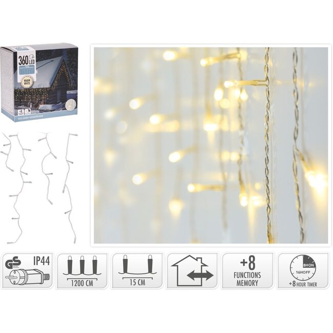 IJspegel verlichting 360 LED - warm wit - Lichtfuncties - Timer - Transparant snoer