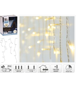 IJspegel verlichting 180 LED - warm wit - Lichtfuncties - Timer - Transparant snoer