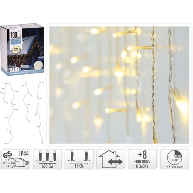 IJspegel verlichting 180 LED - warm wit - Lichtfuncties - Timer - Transparant snoer