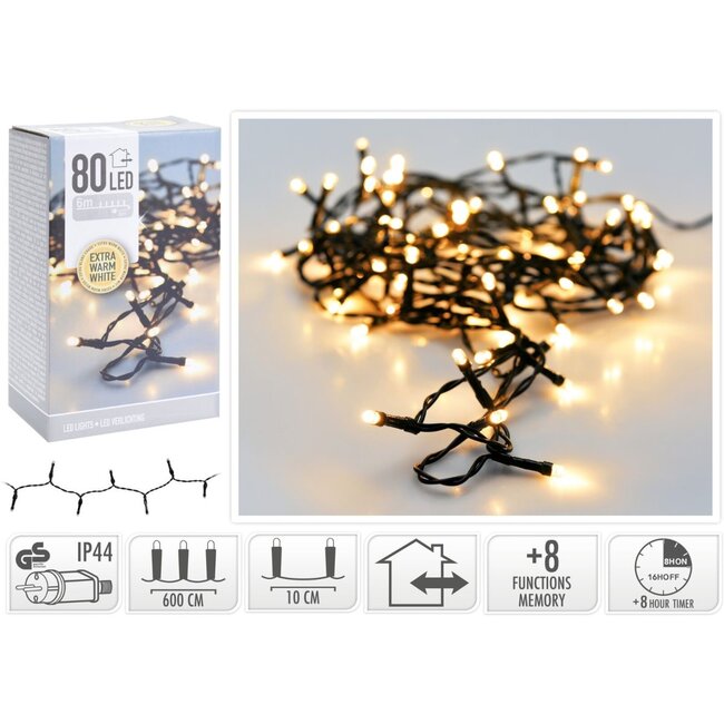 Kerstverlichting 80 led- 6m - extra warm wit - Timer - Lichtfuncties - Geheugen - Buiten