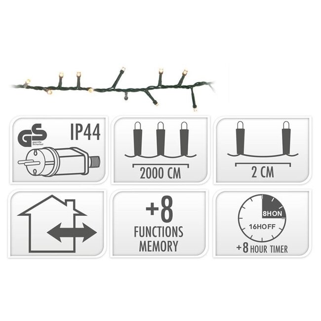 Microcluster - 1000 led - 20m - warm wit - Timer - Lichtfuncties - Geheugen - Buiten