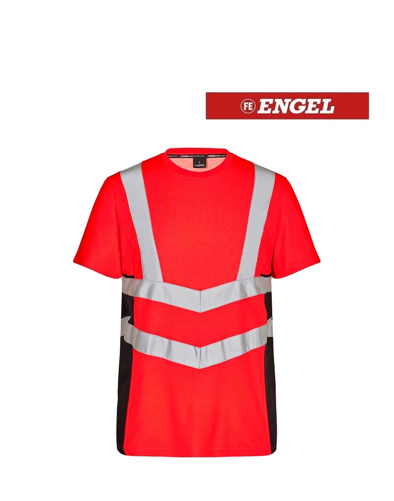 Engel Workwear - Arbeitskleidung für Profis FE9544.4720.S.K - T-Shirt Kurzarm, EN 20471 Kl. 2, Leuchtrot mit Schwarz