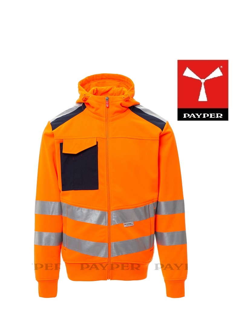 Payper Leader Fluoorange -  Herren-Warnschutz-Sweatjacke mit Kapuze, Reflexstreifen, Orange/Marineblau