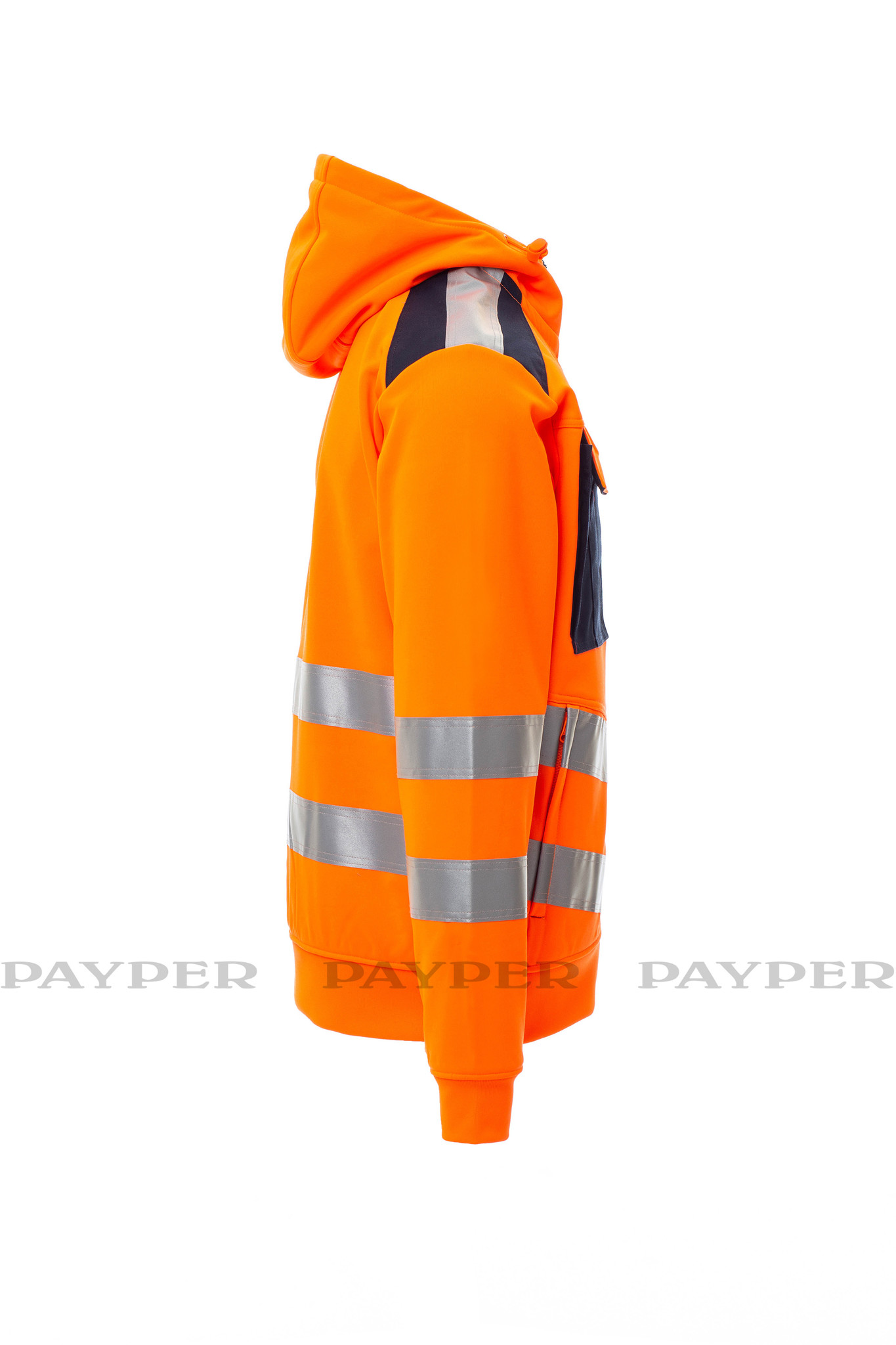 Payper Leader Fluoorange -  Herren-Warnschutz-Sweatjacke mit Kapuze, Reflexstreifen, Orange/Marineblau