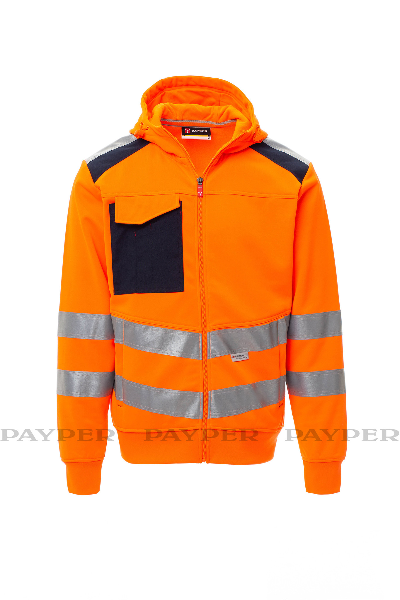 Payper Leader Fluoorange -  Herren-Warnschutz-Sweatjacke mit Kapuze, Reflexstreifen, Orange/Marineblau