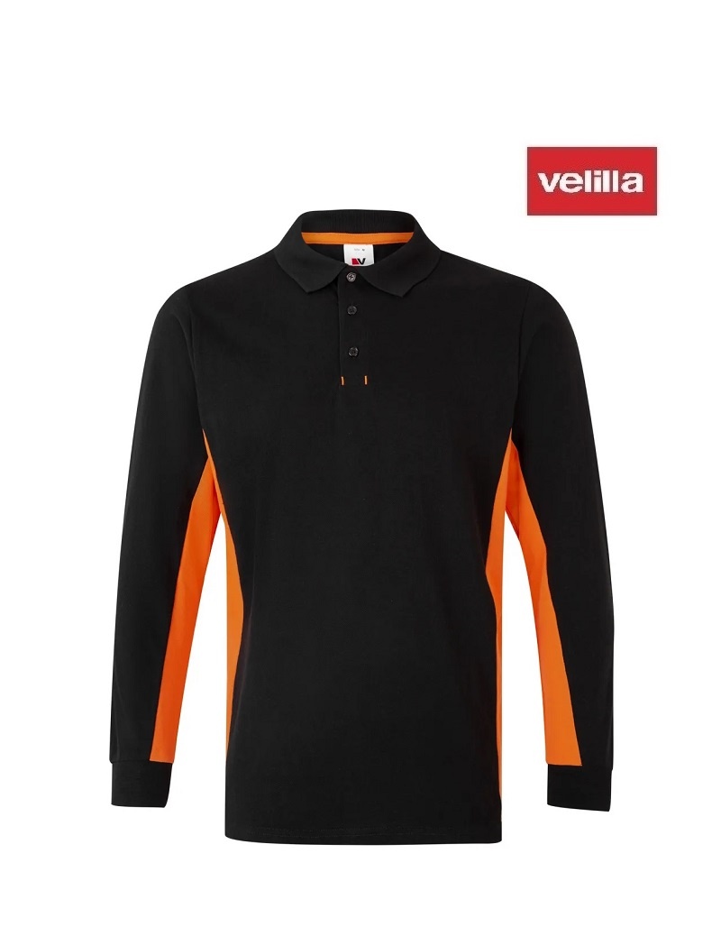 Velilla Kleider 105514 schwarz orange - Poloshirt, Zweifarbig, Langarm, BW und Polyester, Knopfverschluss vorne von Velilla