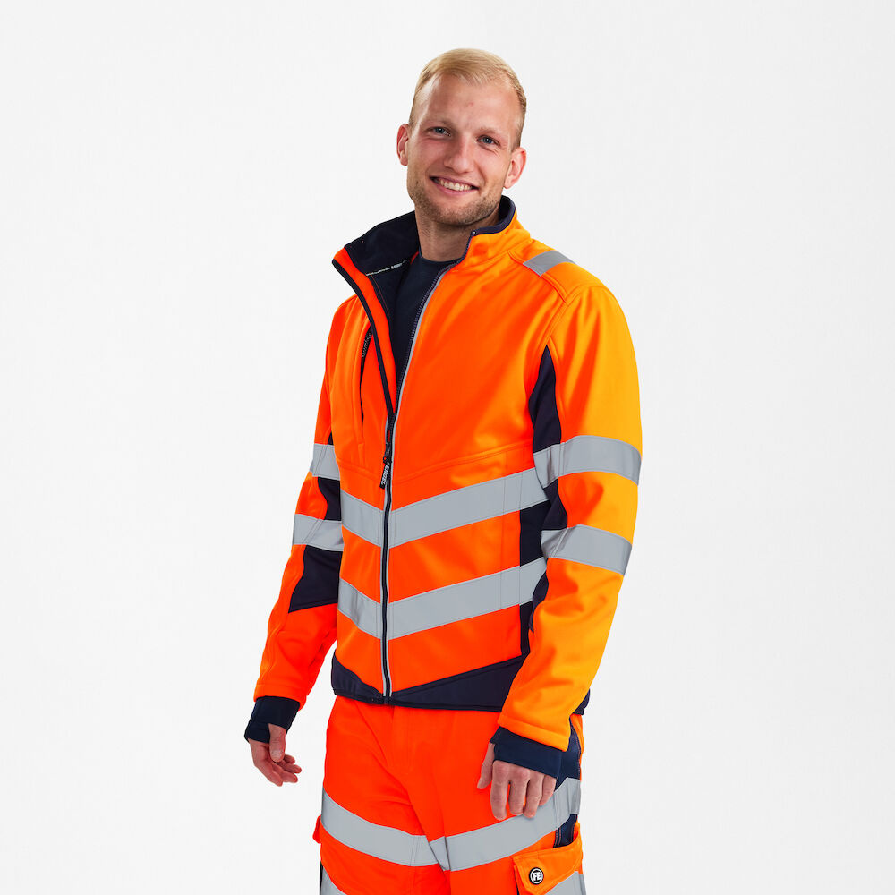 Engel Workwear - Arbeitskleidung für Profis FE1158.10165.S.K - Safety Softshelljacke, EN20741, Klasse 2, Orange mit Blau (ink)