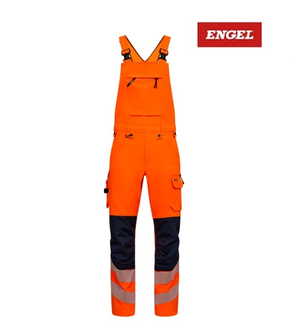 Engel Workwear - Arbeitskleidung für Profis FE3345.10165 - Safety Latzhosen mit 4-Wege-Stretch, Hi-vis Orange/ Blue Ink
