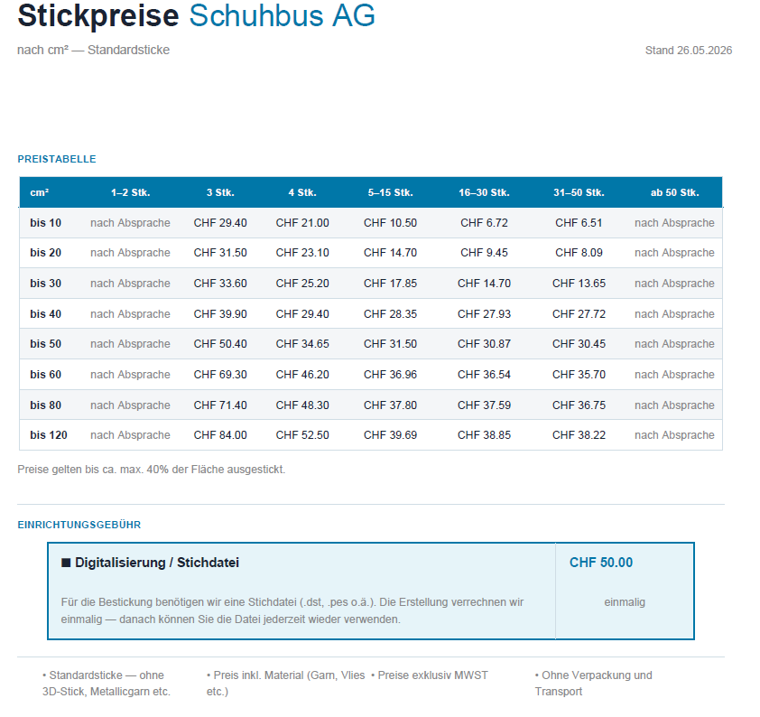 Schuhbus Stickpreise und Stickpositionen