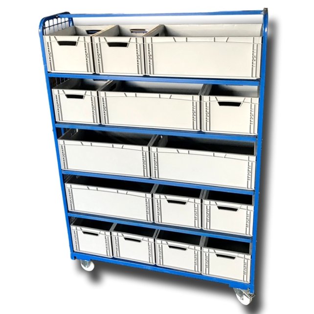 Order Picking Mesh Shelf Trolley Rollcontainer with Eurocrates Euroboxes