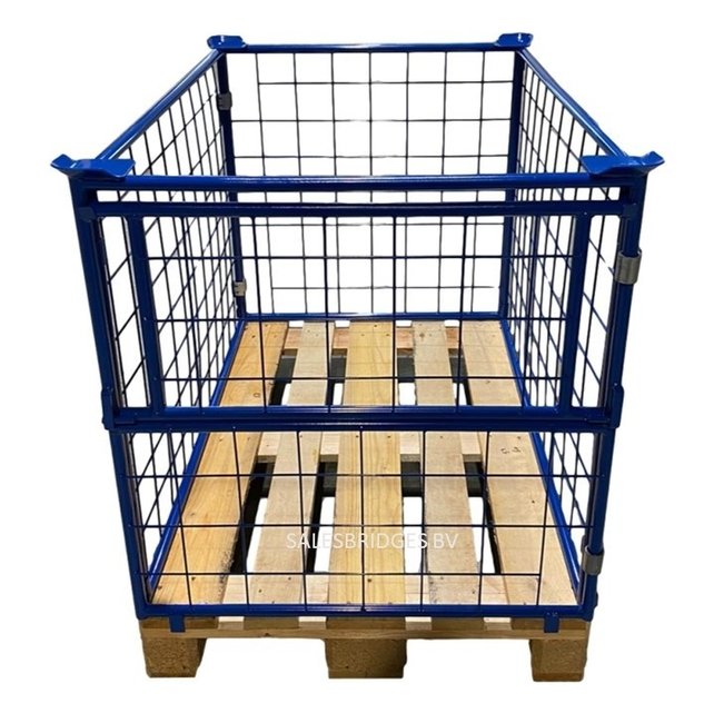 Stahl-Palettenaufsatzrahmen mit Klapptür an der kurzen Seite H 1200 mm – 1200×800 mm, klappbar, stapelbar, RAL 5010, 1000 kg