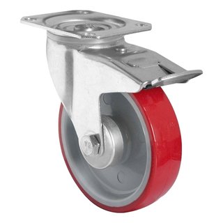 Lenkrolle mit Bremse 160mm 300kg PU rot