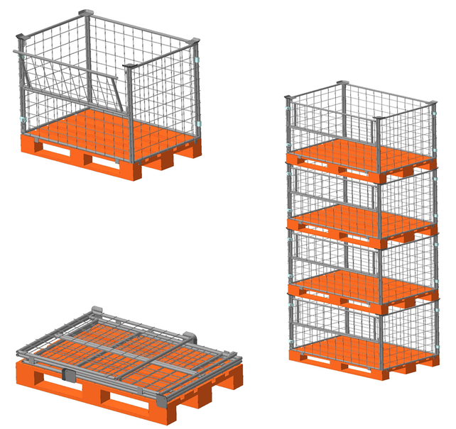 Stahl-Palettenaufsatzrahmen mit Klapptür – klappbar & stapelbar, H 800 mm, 1200 × 800 mm, RAL 5010, 1000 kg