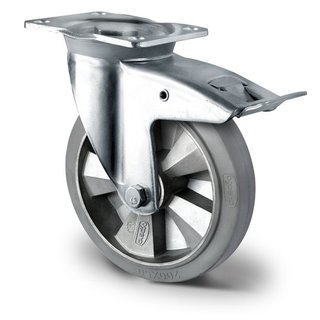 Roue pivotante avec frein Heavy Duty 125mm 300kg caoutchouc élastique gris