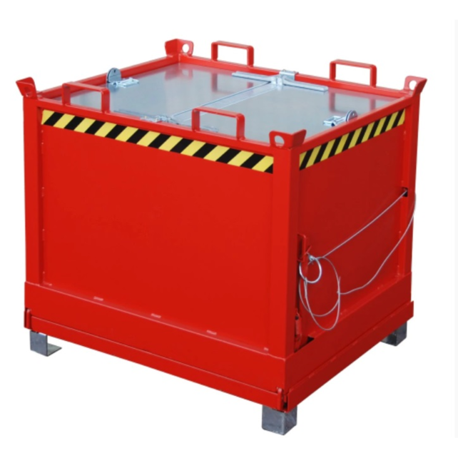 Spänebehälter 1000L mit Hebeösen. Aufklappbarer FB-Modell-Bodenkippbehälter für Gabelstapler und Kran
