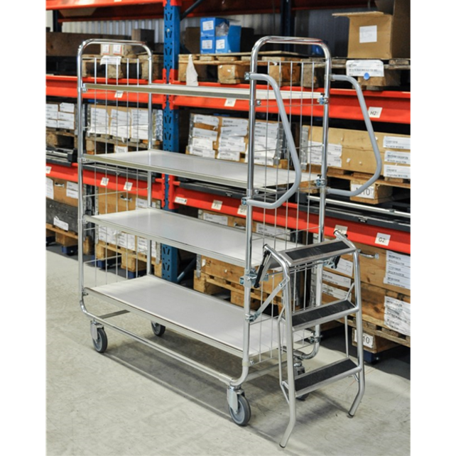 Kommissionier-Etagenwagen mit Gitterwänden 1395 × 470 × 1590 mm, 4 Regalböden, Tragkraft 250 kg