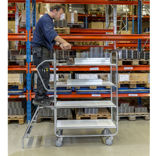 Kommissionier-Etagenwagen mit Gitterwänden 1395 × 470 × 1590 mm, 4 Regalböden, Tragkraft 250 kg