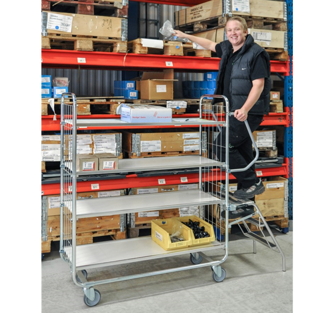 Chariot pour préparation de commandes pour magasin e-commerce 4 étagères zincé Chariot pour préparation de commandes pour magasin e-commerce 4 étagères zincé